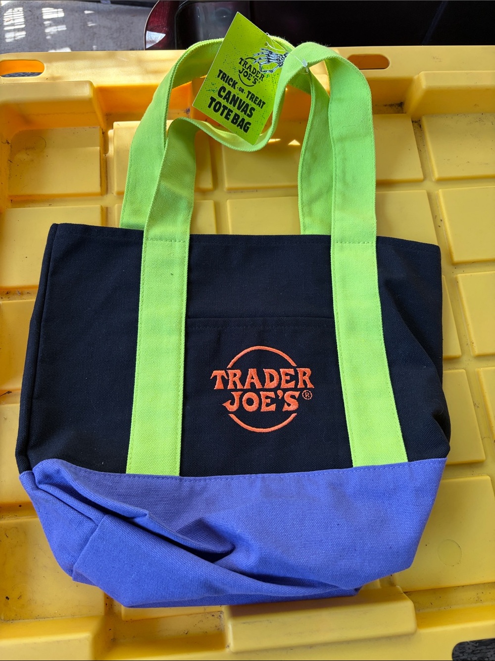 Black Canvas Tote with Lime Green Handles & Purple Base